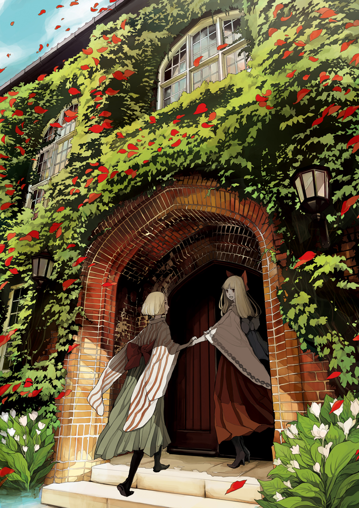 2girls, blonde_hair, bow, brick_wall, brown_eyes, building, door, flower, hair_bow, high_heels, holding_hands, house, isuzu_(uzushi), ivy, lamppost, long_hair, multiple_girls, original, outdoors, overgrown, petals, plant, scenery, shoes, short_hair, stairs, window