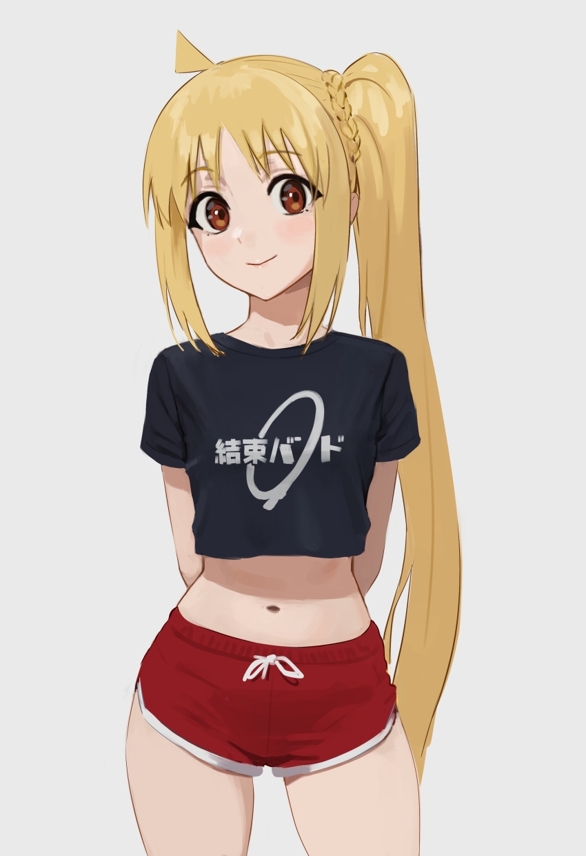 1girl, absurdres, ahoge, arms_behind_back, band_shirt, black_shirt, blonde_hair, bocchi_the_rock!