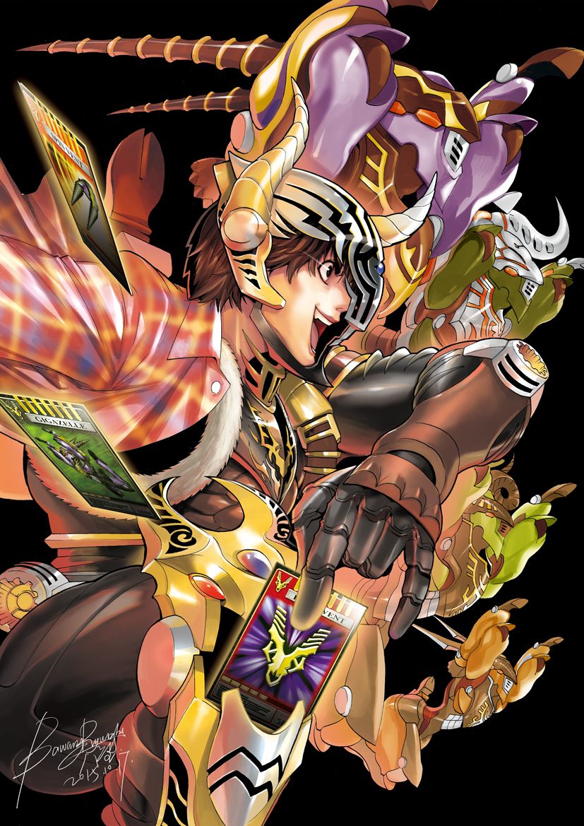 1boy, armor, artist_name, bawang-ryuuzaki, card, contract_monster, dark_background, dated