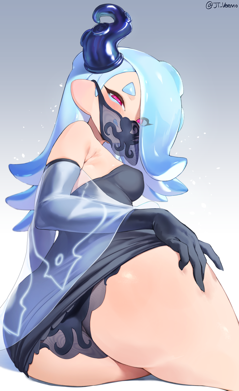 1girl, ass, breasts, capelet, covered_erect_nipples, elbow_gloves, gloves, highres, huge_ass, jtveemo, licking_lips, looking_at_viewer, looking_back, lying, mask, medium_breasts, nintendo, octoling, on_side, see-through_clothes, shiver_(frostyfest)_(splatoon), shiver_(splatoon), solo, splatoon_(series), splatoon_3, tongue, tongue_out, twisted_torso