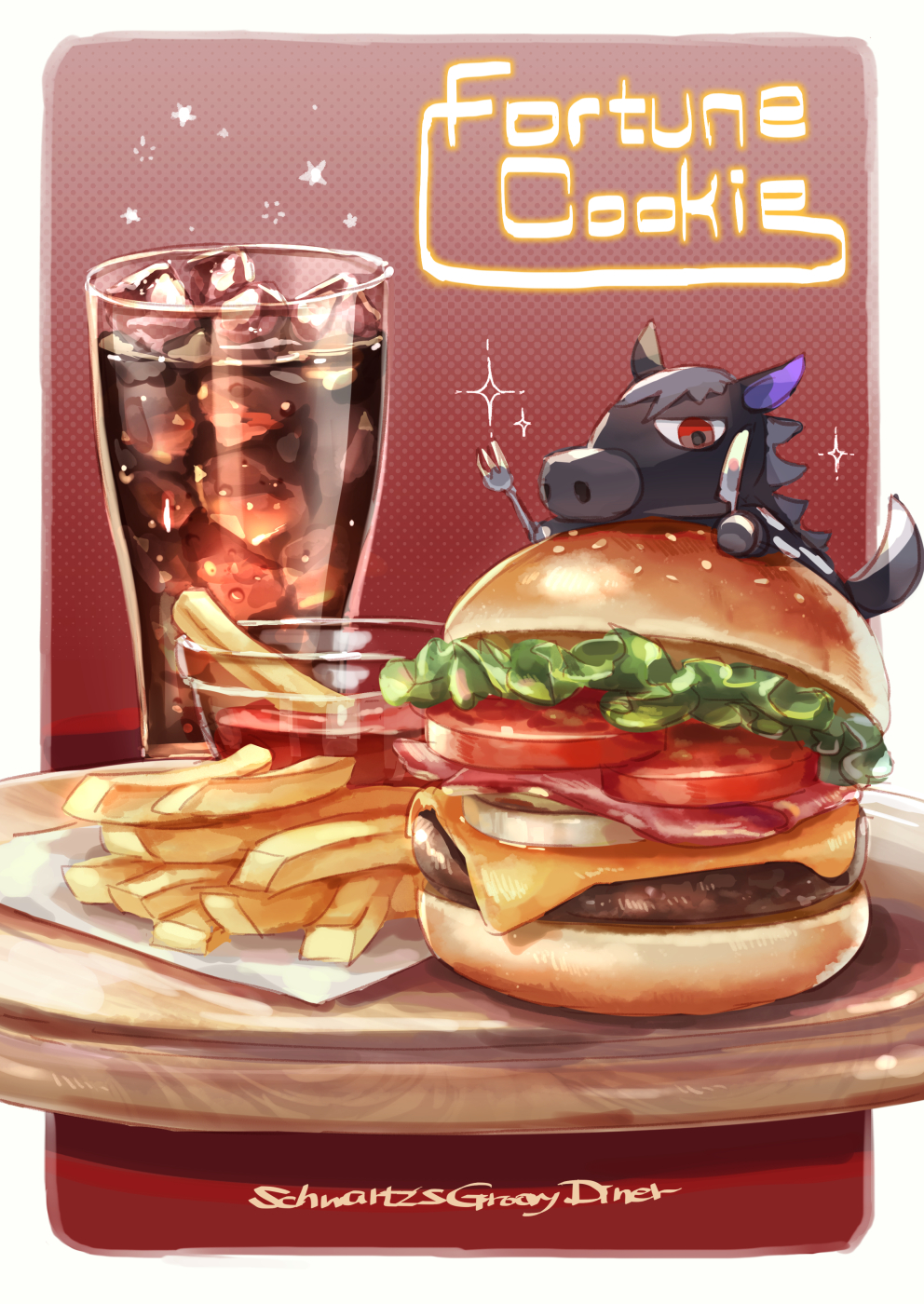 1boy, animal_crossing, border, bowl, bread_bun, burger, character_name, cheese