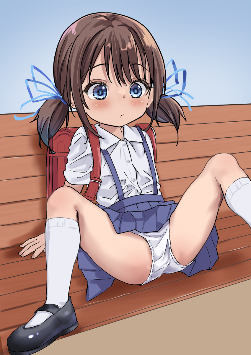 1girl, absurdres, arm_support, backpack, bag, black_footwear, blue_eyes, blue_ribbon, blue_skirt, blush, brown_hair, closed_mouth, commentary_request, female_focus, flat_chest, foot_out_of_frame, hair_ribbon, highres, kneehighs, loli, medium_hair, on_bench, original, panties, randoseru, red_bag, ribbon, school_uniform, shirt, short_sleeves, skirt, socks, solo, spread_legs, suspender_skirt, suspenders, twintails, underwear, white_panties, white_shirt, white_socks, yappariga