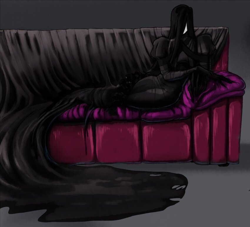 1boy, abyss, black_dress, black_gloves, black_hair, couch, cushion, dark_background