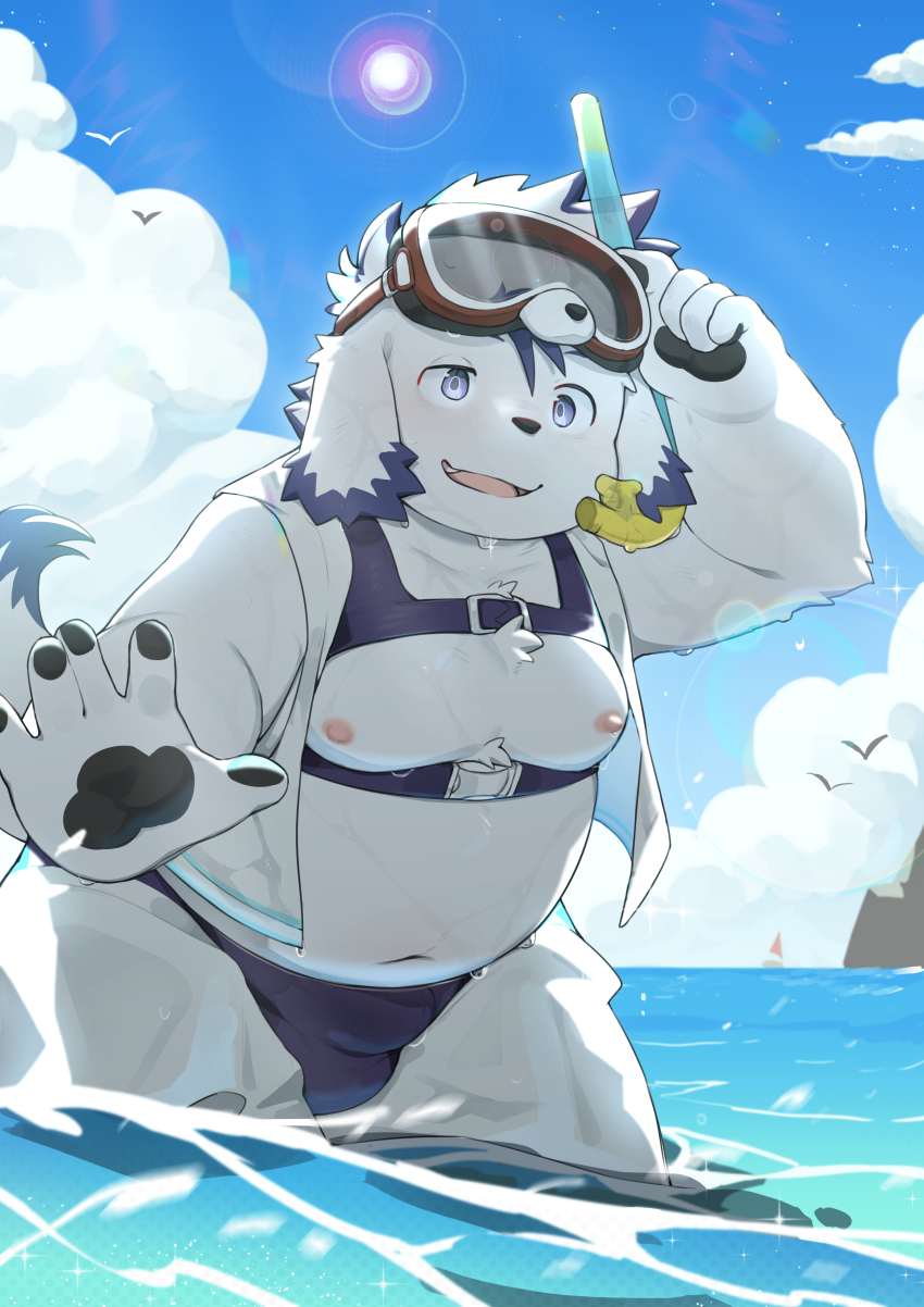 1boy, absurdres, animal_ears, bara, bird, blue_sky, boat, chest_strap, cloud, cloudy_sky, dog_boy, dog_ears, dog_tail, fat, fat_man, furry, furry_male, goggles, goggles_on_head, half-closed_eye, hashtag-only_commentary, highres, holding, holding_goggles, looking_at_viewer, male_focus, mrshu, multicolored_hair, ocean, open_mouth, pawpads, sitting, sky, snorkel, sun, sun_glare, tail, tajima_(tamacolle), tamacolle, watercraft, wet