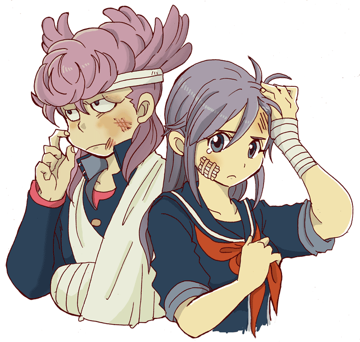bad_id, bad_pixiv_id, bruise, cast, inazuma_eleven, inazuma_eleven_(series), injury, kudou_fuyuka, nanashi_(21), pompadour, purple_eyes, purple_hair, school_uniform, tears, tobitaka_seiya, torn_clothes