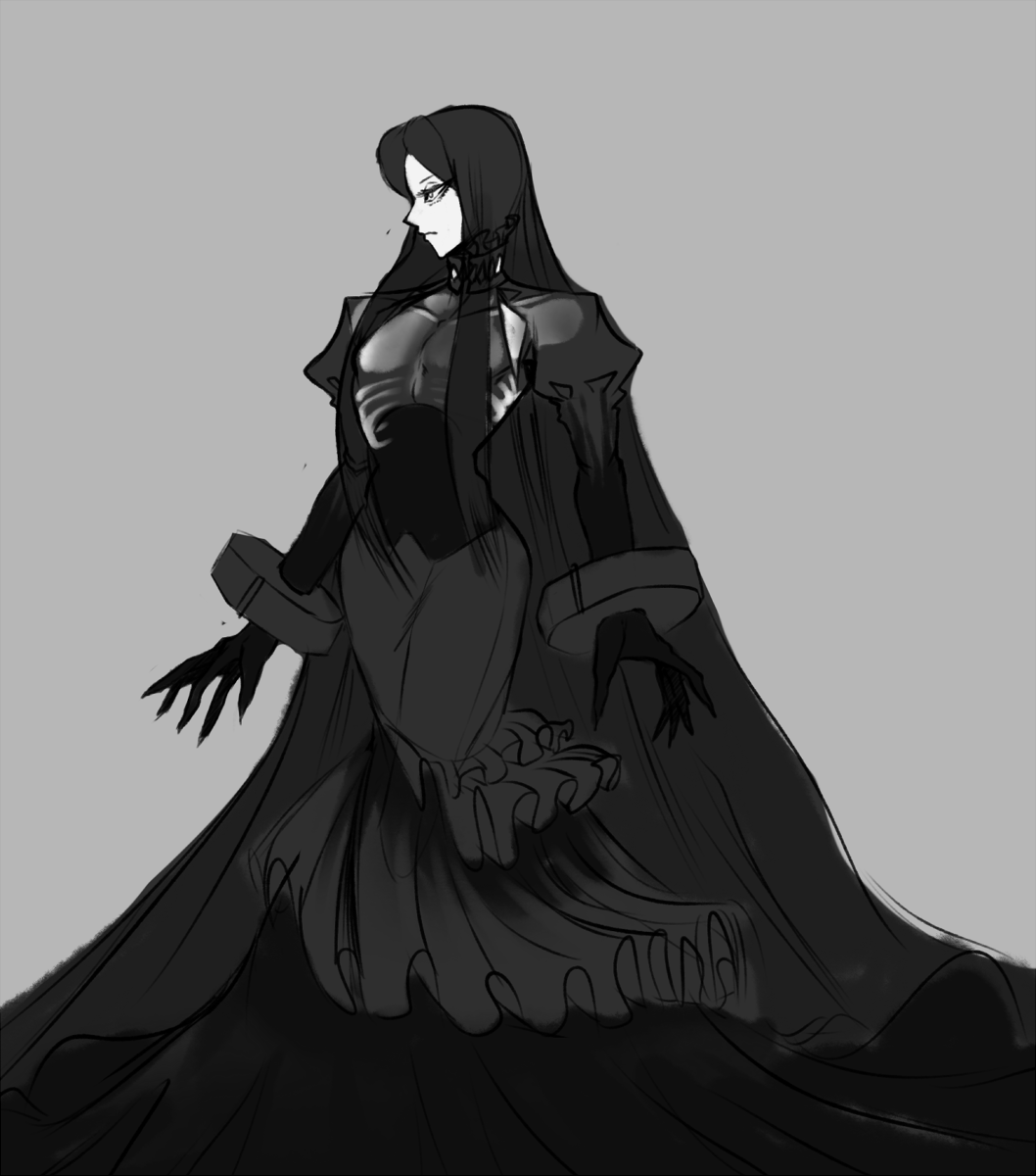 1boy, abyss, black_dress, black_hair, bone, corset, crossdressing, crossdressing_(mtf), cuffs, dizzyspells, dress, eldritch_god, feminine, fingernails, frilled_dress, frills, hands_out, highres, ink_(cibastion), liquid, long_dress, long_fingernails, long_hair, male_focus, monster, monster_boy, older_concept_art, original, puffy_sleeves, ribs, sharp_fingernails, short_sleeves, sidelocks, skull, very_long_dress, very_long_hair, wrist_cuffs
