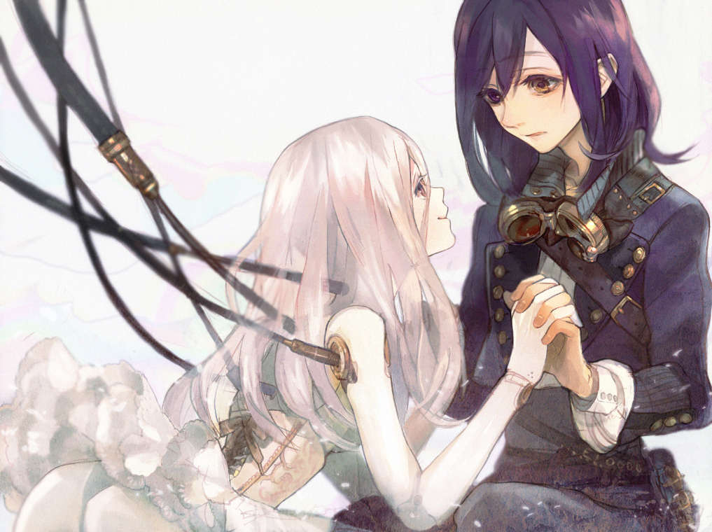 1boy, 1girl, androgynous, android, bad_id, bad_pixiv_id, blue_hair, cable, corset, couple, cyborg, doll_joints, dress, eyelashes, formal_clothes, goggles, goggles_around_neck, hetero, heterochromia, holding_hands, joints, nishihara_isao, original, pant_suit, pants, pink_hair, pixiv_steampunk, purple_eyes, purple_hair, silver_hair, steam, steampunk, suit, teron