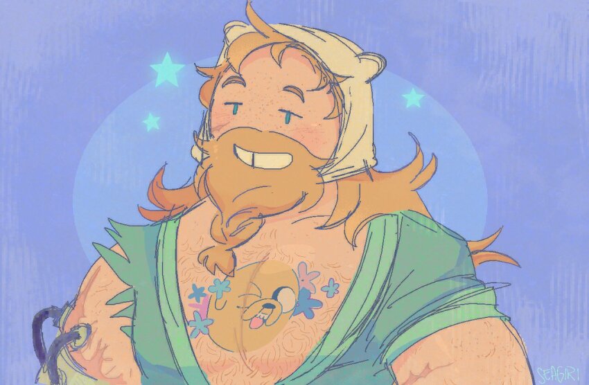 1boy, adventure_time, bara, blush, character_tattoo, finn_the_human, jake_the_dog, jitome