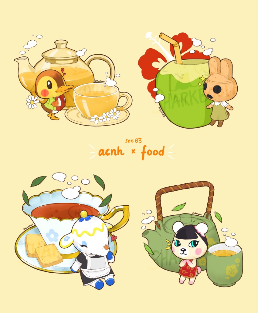 4girls, :3, ^_^, absurdres, animal_crossing, apron, artist_name, bear_girl