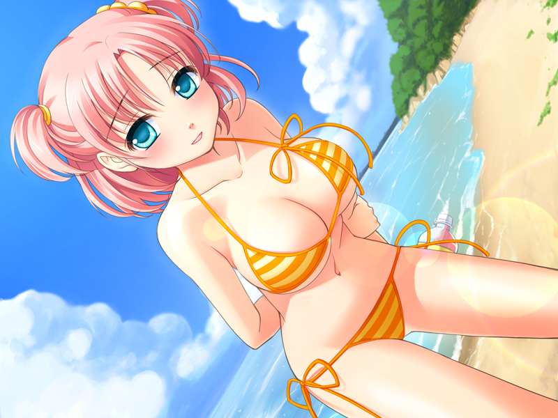 1girl, :d, amamoto_fuuka, arms_behind_back, beach, bikini, blue_eyes, blush