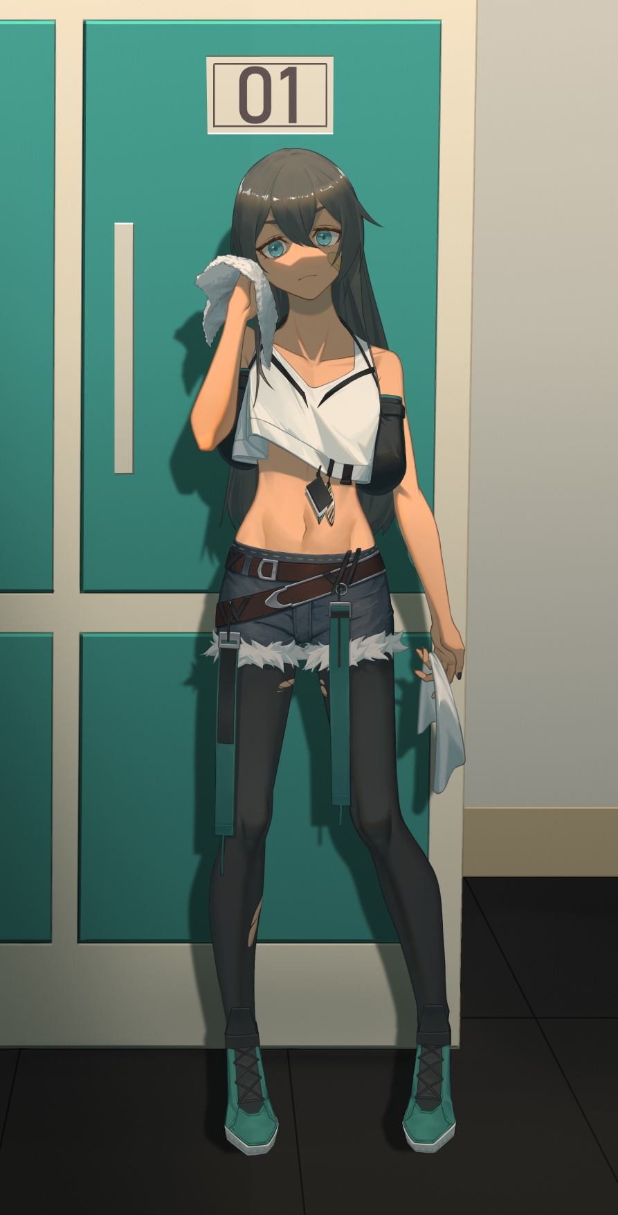 1girl, arknights, bandaid, bandaid_on_face, belt, black_hair, black_nails, black_pantyhose