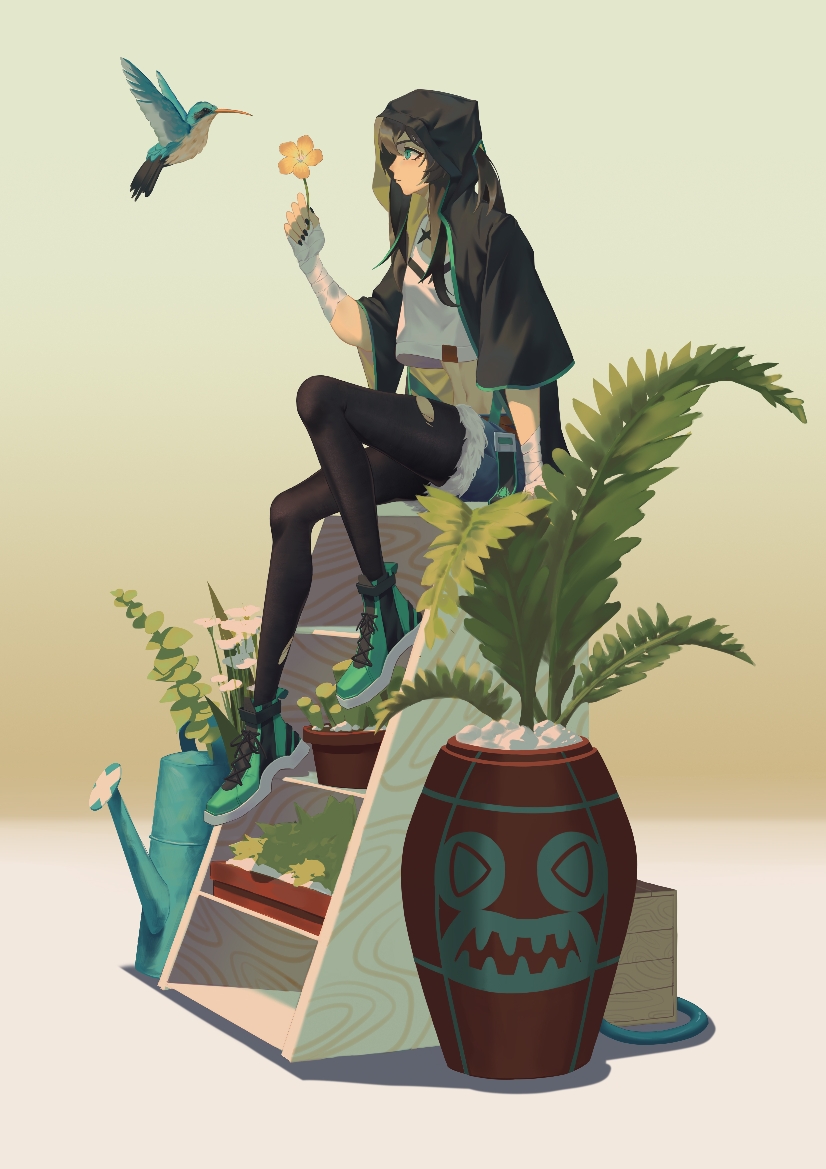 1girl, animal, arknights, bird, black_hair, black_jacket, black_nails, black_pantyhose