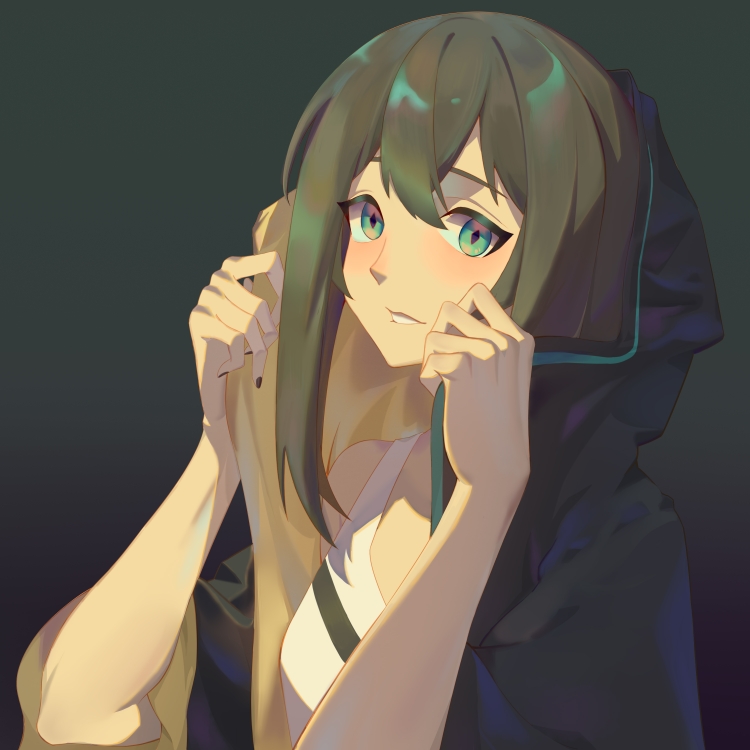 1girl, adjusting_hood, arknights, bare_shoulders, black_background, black_hair, black_nails, blush