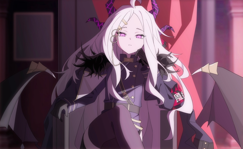 1girl, absurdres, ahoge, arm_support, armband, armchair, belt, black_coat