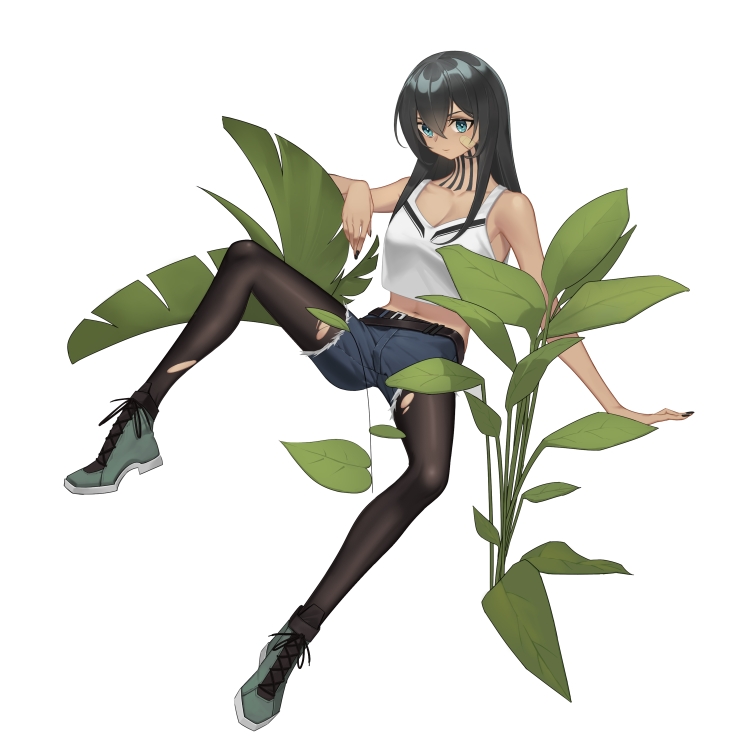 1girl, arknights, bandaid, bandaid_on_face, bare_shoulders, belt, black_hair, black_nails, black_pantyhose, blue_eyes, breasts, cleavage, crop_top, dark-skinned_female, dark_skin, denim, denim_shorts, flint_(arknights), full_body, gloves, green_footwear, hair_between_eyes, long_hair, looking_at_viewer, medium_breasts, midriff, nai_bang, navel, neck_tattoo, pantyhose, plant, shorts, simple_background, solo, tank_top, tattoo, torn_clothes, torn_pantyhose, white_background, white_tank_top