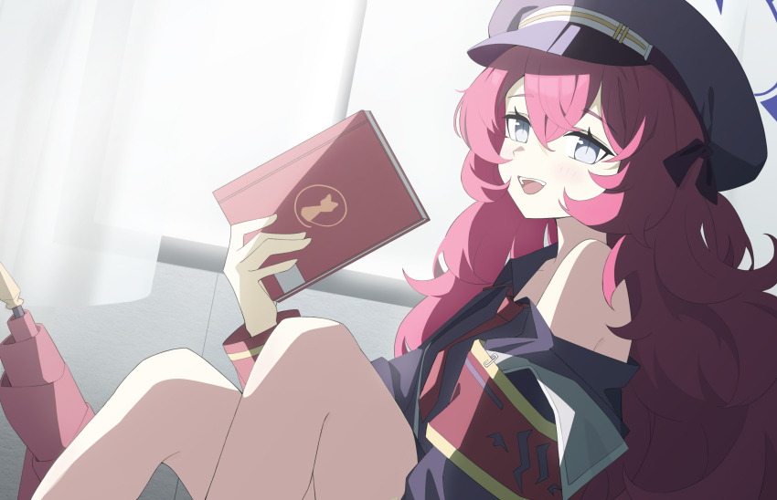 1girl, :d, armband, black_shirt, blue_archive, book, commentary_request, curtains