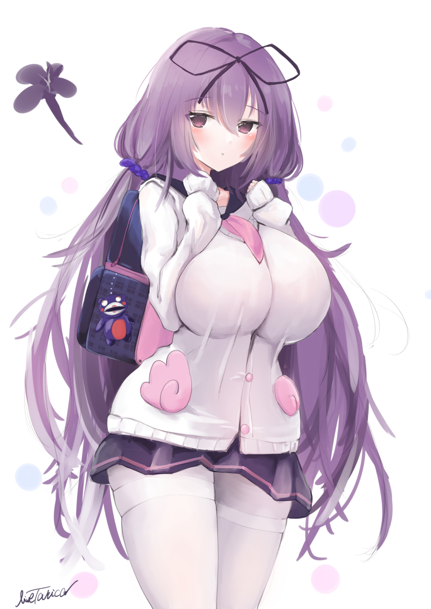1girl, azur_lane, bag, breasts, cosplay, cowboy_shot, hair_between_eyes, highres, huge_breasts, jacket, livetarica, long_hair, looking_at_viewer, murasaki_(senran_kagura), official_alternate_costume, pantyhose, pleated_skirt, senran_kagura, senran_kagura_new_link, skirt, thighband_pantyhose, unicorn_(azur_lane), unicorn_(azur_lane)_(cosplay), unicorn_(long-awaited_date)_(azur_lane), white_pantyhose