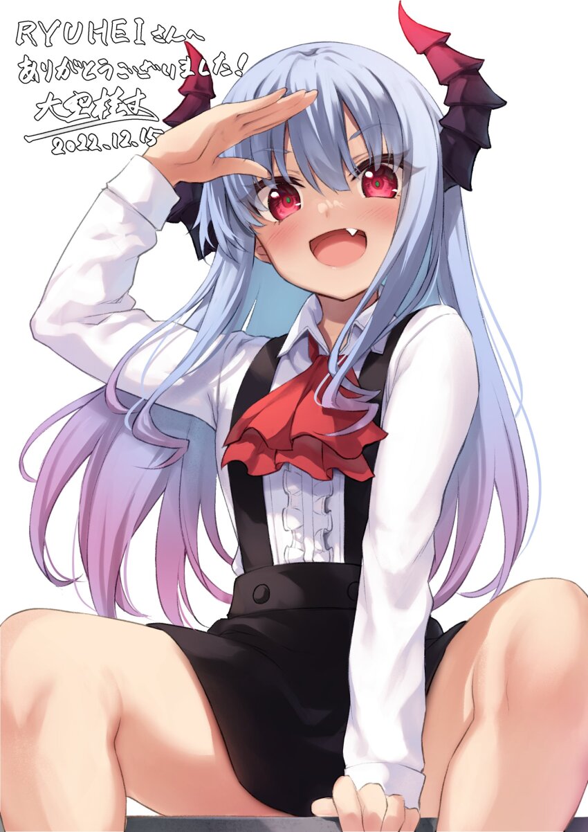 1girl, 2022, :d, absurdres, aruko_(marco_to_ginga_ryuu), ascot, between_legs, black_skirt, blue_hair, blush, center_frills, collared_shirt, commentary_request, commission, dark-skinned_female, dark_skin, dated, demon_girl, demon_horns, eyelashes, eyes_visible_through_hair, fang, flat_chest, frills, gradient_hair, hair_between_eyes, hand_between_legs, happy, highres, horns, long_hair, long_sleeves, looking_at_viewer, marco_to_ginga_ryuu, miniskirt, multicolored_hair, oozora_itsuki, open_mouth, purple_hair, red_ascot, red_eyes, salute, second-party_source, shirt, sidelocks, signature, simple_background, sitting, skeb_commission, skirt, smile, solo, spread_legs, straight_hair, suspender_skirt, suspenders, very_long_hair, white_background, white_shirt