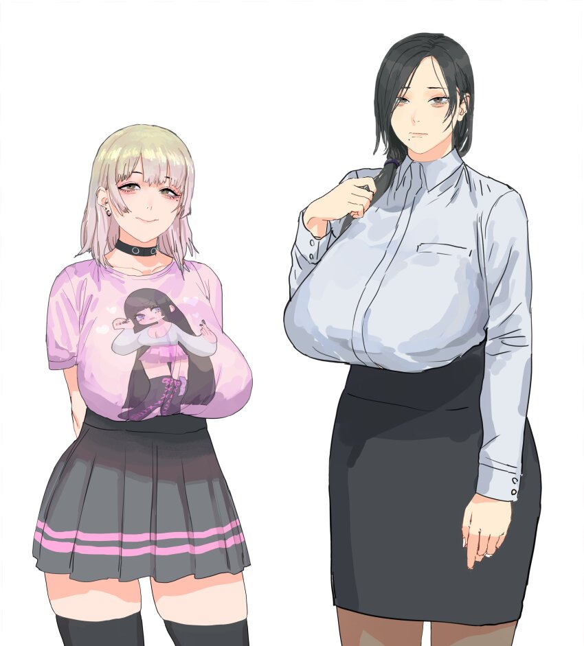 2girls, absurdres, aegyo_sal, arms_behind_back, black_choker, black_skirt, black_thighhighs, blonde_hair