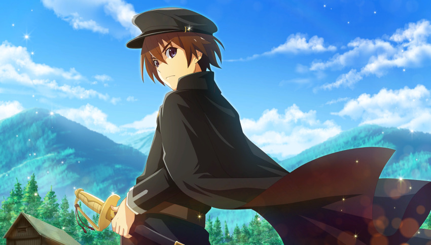 1boy, belt, black_cape, black_hat, black_pants, black_shirt, blue_eyes, blue_sky