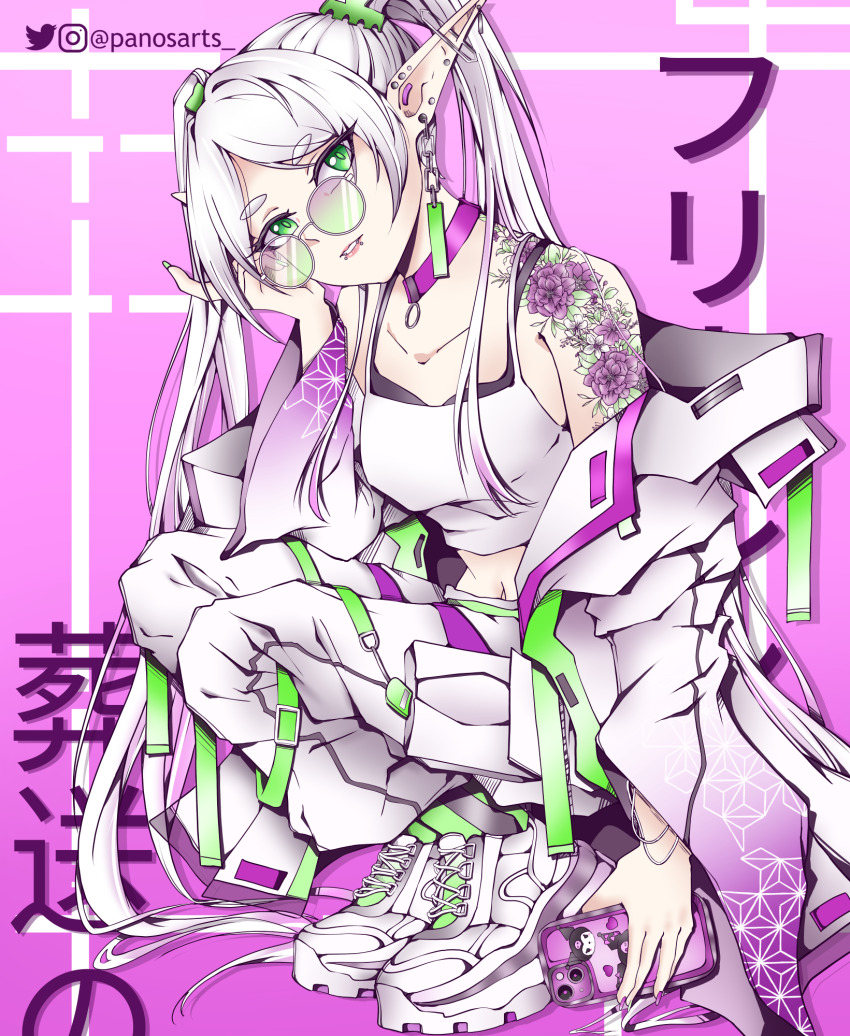 1girl, applying_manicure, artist_name, cellphone, cyberpunk_(series), ear_piercing, face_piercing, frieren
