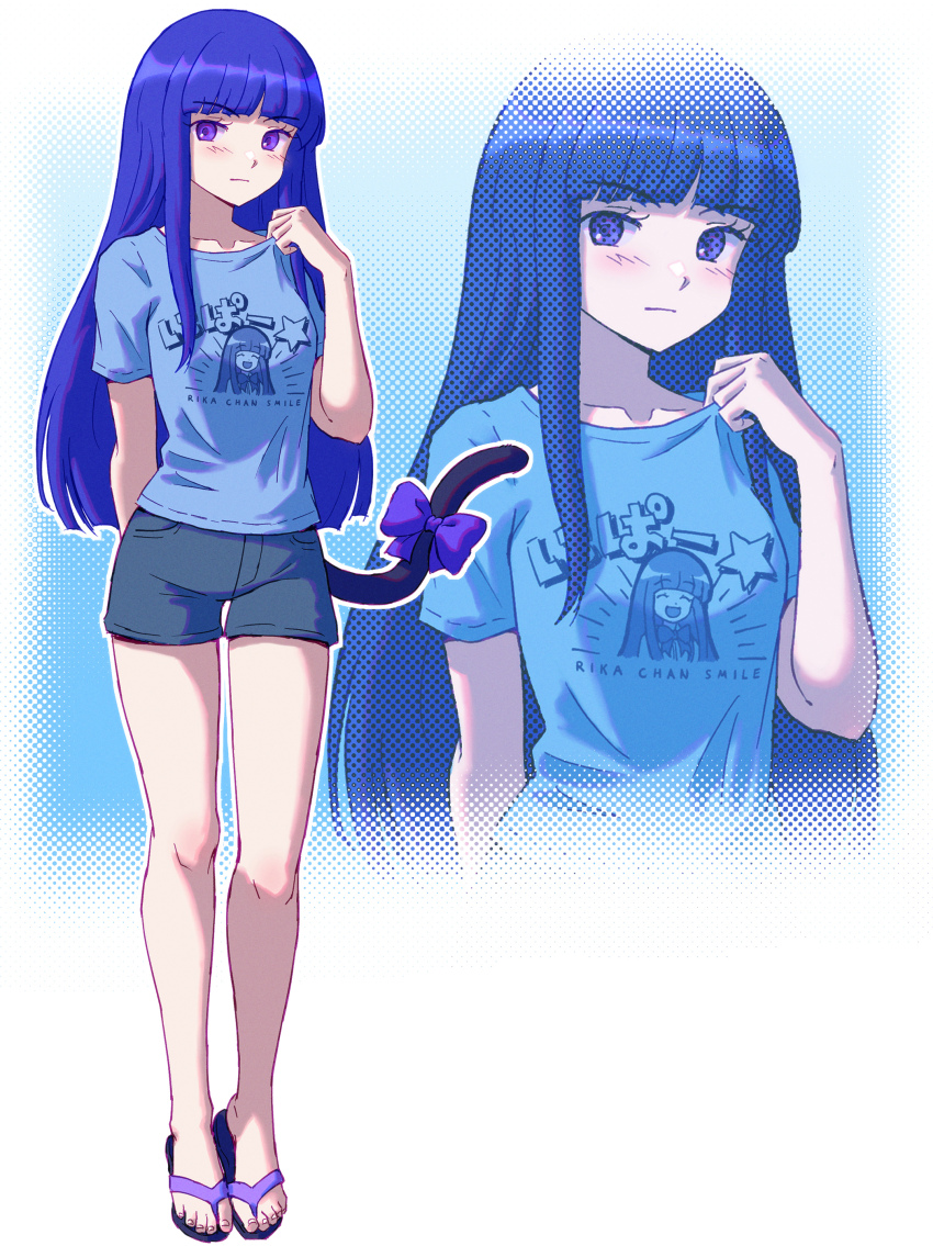 1girl, absurdres, alternate_costume, arm_behind_back, blue_hair, blue_shirt, blunt_bangs, bow, casual, cat_tail, character_print, clothes_writing, collarbone, denim, denim_shorts, english_text, eyes_visible_through_hair, flip-flops, frederica_bernkastel, full_body, furude_rika, halftone, halftone_background, highres, higurashi_no_naku_koro_ni, hime_cut, legs, light_blush, long_hair, looking_to_the_side, outline, print_shirt, purple_bow, purple_eyes, revision, sandals, shirt, shorts, sidelocks, solo, t-shirt, tail, tail_bow, tail_ornament, toenails, toes, umineko_no_naku_koro_ni, white_background, white_outline, zawabug, zoom_layer