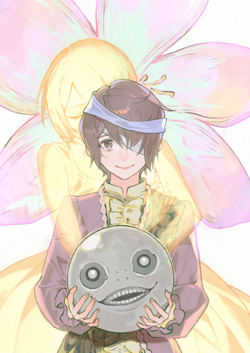 1boy, 1girl, alternate_form, bandage_over_one_eye, bandaged_head, bandages, black_sash, blouse, brother_and_sister, brown_eyes, brown_hair, chinese_commentary, commentary, emil_(nier), floral_background, flower, ghost, glowing_spirit, hair_over_one_eye, halua, highres, holding_detached_head, hug, hug_from_behind, jacket, lace-trimmed_jacket, looking_at_viewer, lunar_tear, male_focus, nier, nier_(series), one_eye_covered, pink_flower, purple_jacket, rampu, sash, shirt, short_hair, siblings, smile, spoilers, straight-on, white_shirt
