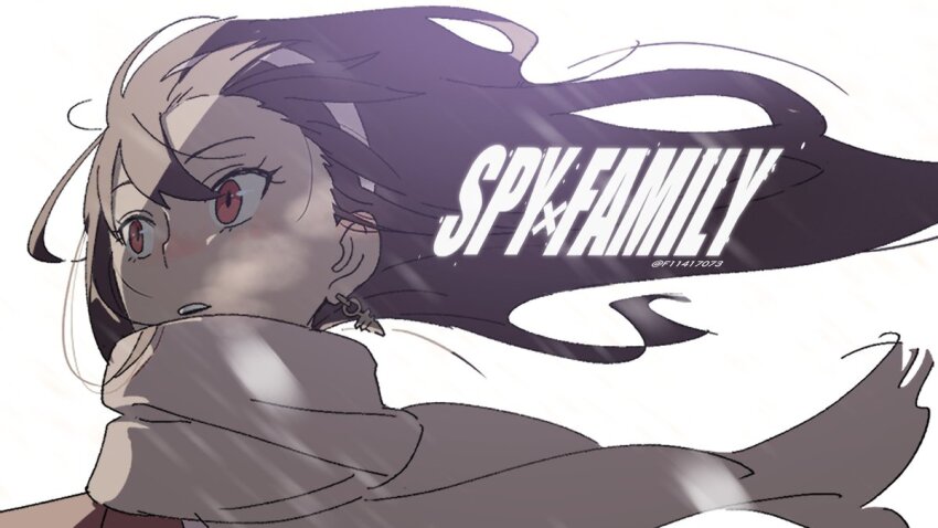 1girl, black_hair, copyright_name, earrings, f11417073, floating_hair, floating_scarf, gold_earrings, hairband, jewelry, long_hair, looking_to_the_side, parted_lips, portrait, red_eyes, scarf, snow, snowing, solo, spy_x_family, teeth, upper_body, upper_teeth_only, white_background, white_hairband, wind, wind_lift, yor_briar