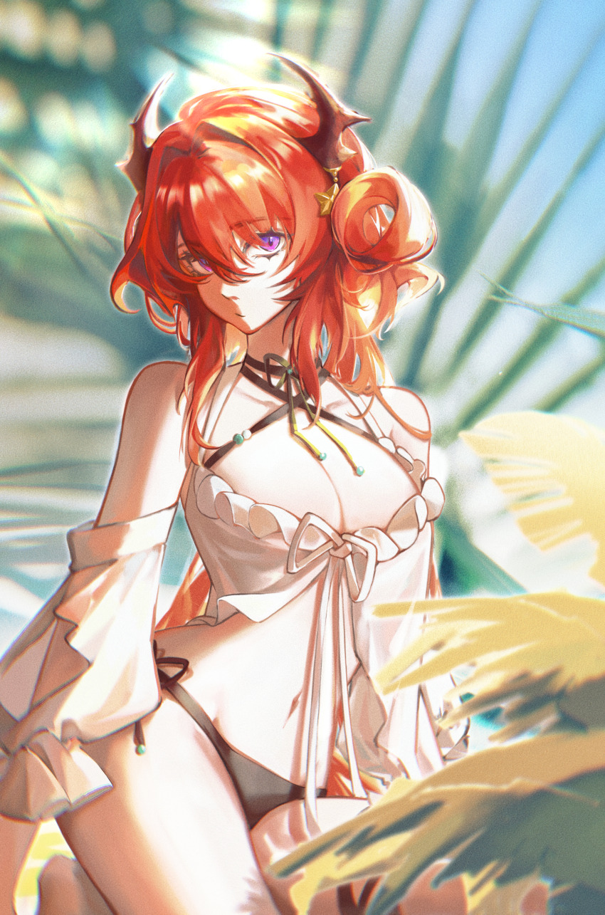 1girl, absurdres, anz1105, arknights, arm_cutout, bare_shoulders, bikini, black_bikini, black_ribbon, blurry, blurry_background, breasts, chinese_commentary, cleavage, clothing_cutout, collarbone, commentary, criss-cross_halter, demon_girl, demon_horns, detached_sleeves, feet_out_of_frame, front-tie_top, hair_intakes, hair_rings, halterneck, highres, horn_ornament, horns, kneeling, long_hair, looking_at_viewer, medium_breasts, navel, neck_ribbon, official_alternate_costume, palm_leaf, purple_eyes, red_hair, ribbon, shirt, side-tie_bikini_bottom, slit_pupils, solo, star_ornament, stomach, surtr_(arknights), surtr_(colorful_wonderland)_(arknights), swimsuit, very_long_hair, white_shirt