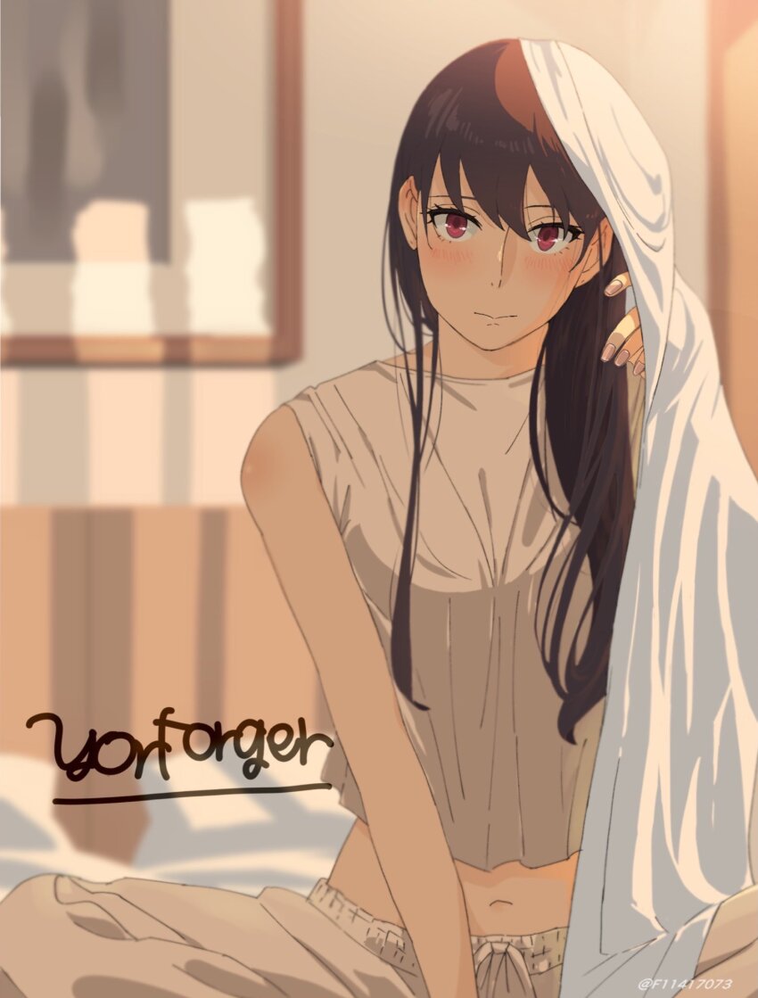1girl, bare_shoulders, black_hair, blanket, blurry, blurry_background, blush, character_name, closed_mouth, commentary, crop_top, ear_blush, f11417073, hair_between_eyes, highres, indian_style, indoors, long_hair, looking_at_viewer, midriff_peek, morning, navel, red_eyes, sitting, sleepwear, solo, spy_x_family, tank_top, twitter_username, white_tank_top, yor_briar