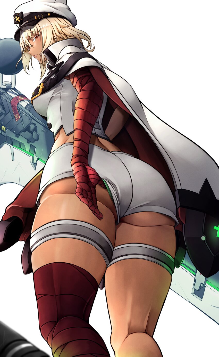 1girl, absurdres, adjusting_clothes, ass, bandages, blonde_hair, border, butt_crack, cape, closed_mouth, dark-skinned_female, dark_skin, fingerless_gloves, floating, floating_object, from_behind, gloves, guilty_gear, guilty_gear_strive, hair_between_eyes, hand_under_clothes, hand_under_shorts, hat, highres, huge_weapon, leg_up, long_hair, looking_at_viewer, looking_back, lucifero_(guilty_gear), military_hat, orange_eyes, petting, ramlethal_valentine, short_shorts, shorts, simple_background, solo, souma_(so_u_maaaaa), sword, tan, thick_thighs, thigh_strap, thighs, toned, weapon, white_background, white_border, white_cape, white_gloves