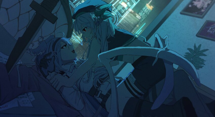 2girls, beret, blue_hair, boots, collared_shirt, combat_knife, crop_top, elira_pendora