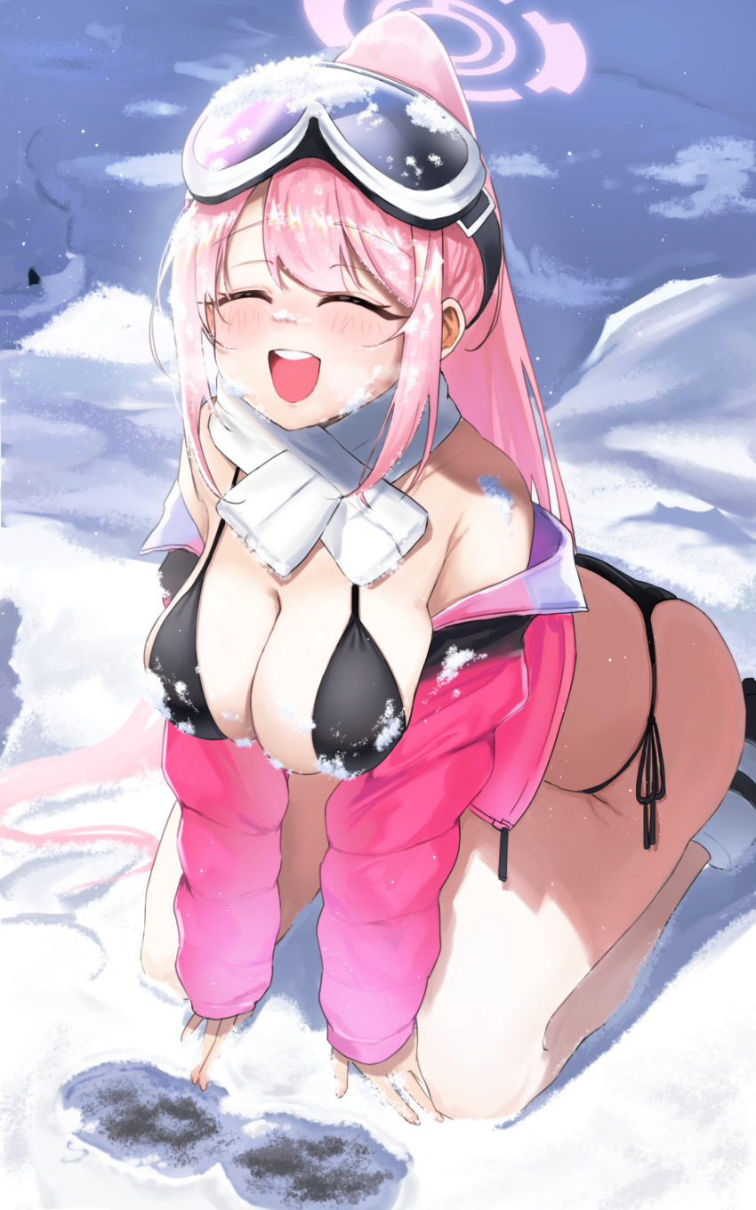 1girl, absurdres, arata_haru, armpit_crease, bare_shoulders, bikini, black_bikini, blue_archive