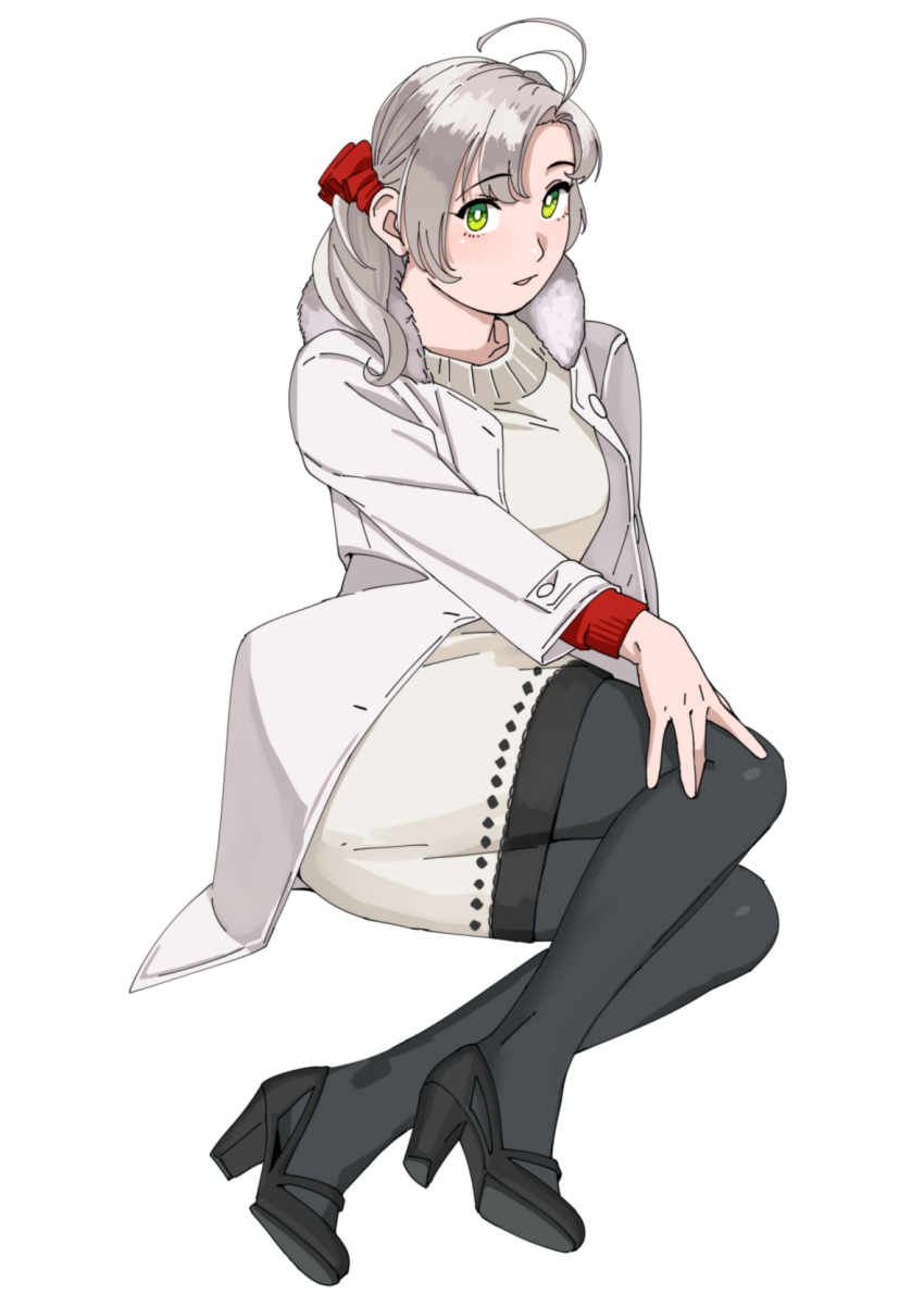 1girl, ahoge, alternate_costume, black_footwear, black_pantyhose, coat, commentary_request, fur-trimmed_coat