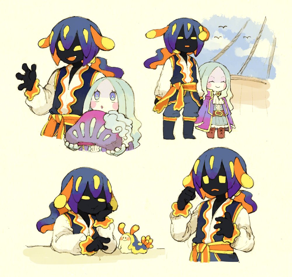 1boy, 1girl, animal, antennae, ascot, belt, black_skin, blonde_hair