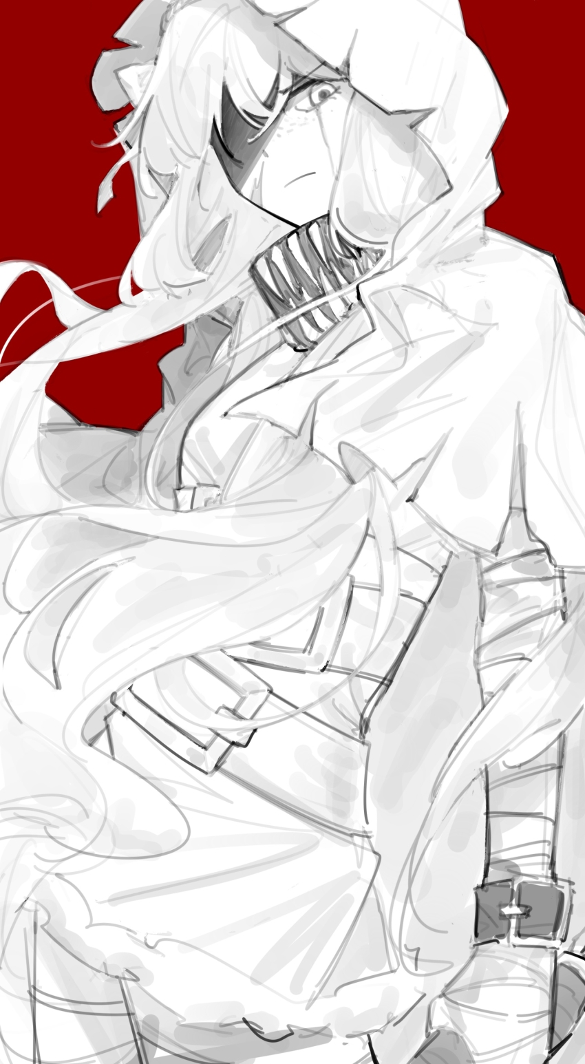 1girl, absurdres, bandaged_arm, bandages, belt, bow, cape, closed_mouth, cosplay, crimson_scar_(e.g.o), e.g.o_(project_moon), greyscale_with_colored_background, hair_bow, highres, hood, hood_up, ishmael_(project_moon), ivy_(675671), limbus_company, little_red_riding_hooded_mercenary, little_red_riding_hooded_mercenary_(cosplay), lobotomy_corporation, long_hair, long_sleeves, looking_at_viewer, project_moon, red_background, scar, simple_background, solo, very_long_hair