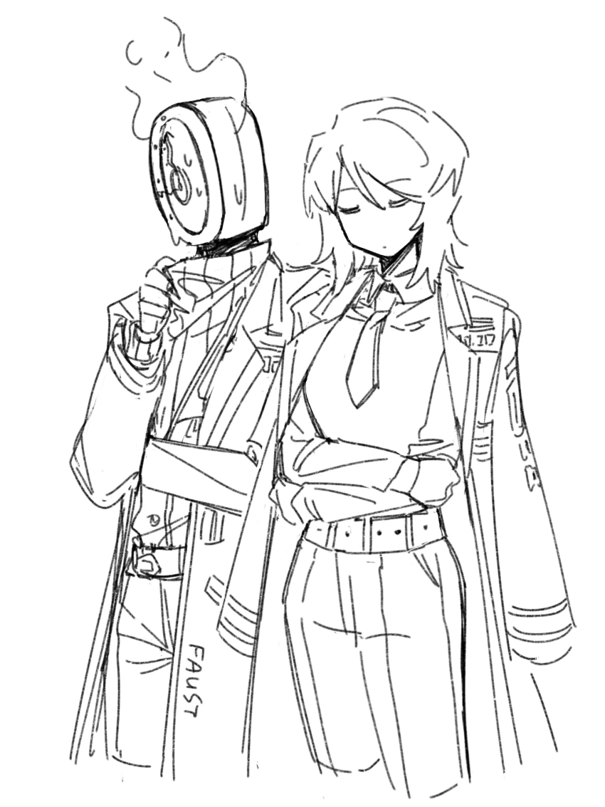 belt, clock, closed_eyes, closed_mouth, coat, collared_shirt, cosplay, cowboy_shot