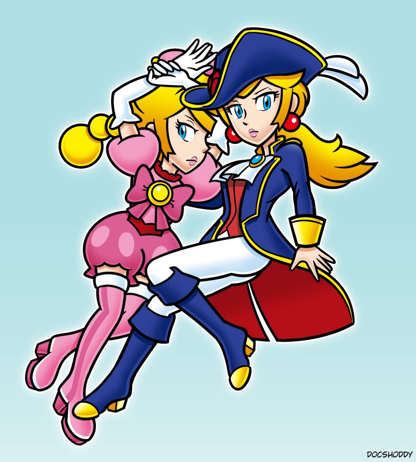 2girls, absurdres, blonde_hair, blue_background, blue_eyes, blue_footwear, coat, crown