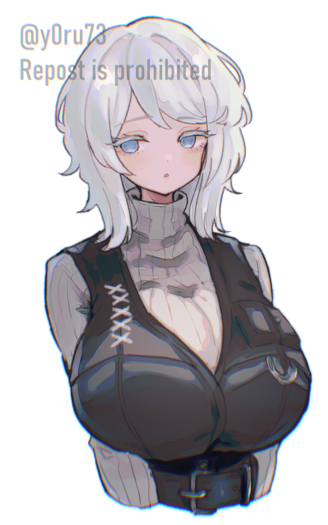 1girl, alternate_breast_size_(larger), black_vest, blue_eyes, breasts, faust_(project_moon), grey_sweater, highres