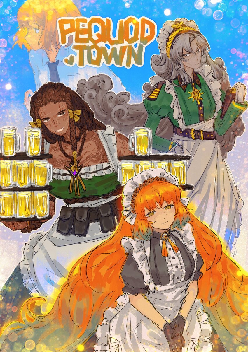 3girls, ahab_(project_moon), alcohol, apron, barmaid, beer, black_dress, braid, brown_hair, closed_mouth, dark-skinned_female, dark_skin, dreadlocks, dress, freckles, green_shirt, grey_eyes, grey_hair, highres, ishmael_(district_21_resident)_(project_moon), ishmael_(project_moon), juliet_sleeves, limbus_company, long_hair, long_sleeves, looking_at_viewer, multiple_girls, muscular, muscular_female, orange_hair, project_moon, puffy_short_sleeves, puffy_sleeves, queequeg_(project_moon), shan23852196, shirt, short_sleeves, smile, very_long_hair, white_apron