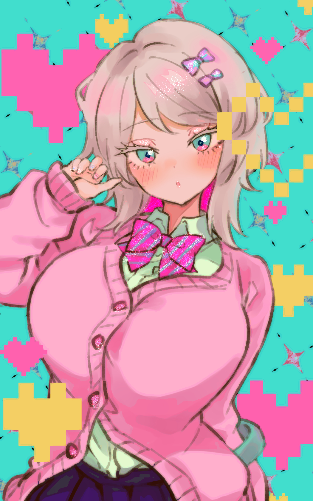 1girl, alternate_breast_size_(larger), blue_eyes, blue_skirt, blush, bow, bowtie, breasts