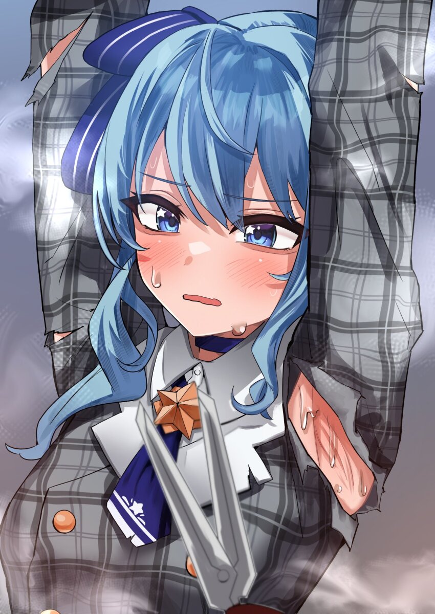 1girl, armpits, arms_up, blue_choker, blue_eyes, blue_hair, blue_necktie, blue_ribbon, blush, buttons, choker, collared_shirt, double-breasted, eyelashes, futoshi_tanaka, grey_jacket, hair_between_eyes, hair_ribbon, highres, hololive, hoshimachi_suisei, hoshimachi_suisei_(1st_costume), jacket, long_hair, looking_at_viewer, necktie, open_mouth, out_of_frame, plaid_clothes, plaid_jacket, ribbon, scissors, shadow, shirt, smell, star_(symbol), star_in_eye, steaming_body, sweatdrop, symbol_in_eye, torn_clothes, torn_jacket, upper_body, virtual_youtuber, white_shirt