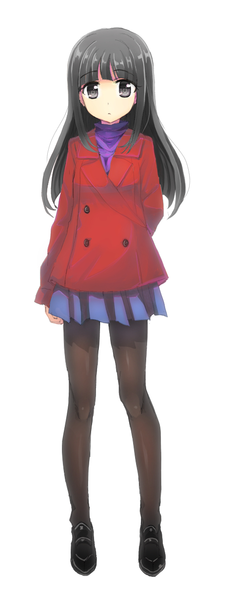 1girl, arm_at_side, arm_behind_back, black_eyes, black_footwear, black_hair, black_pantyhose, blue_skirt