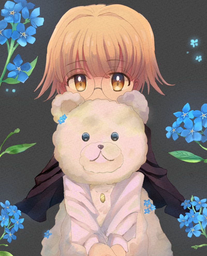 1boy, blonde_hair, blue_flower, brown_eyes, cheriko_24, flower, glasses, grey_background
