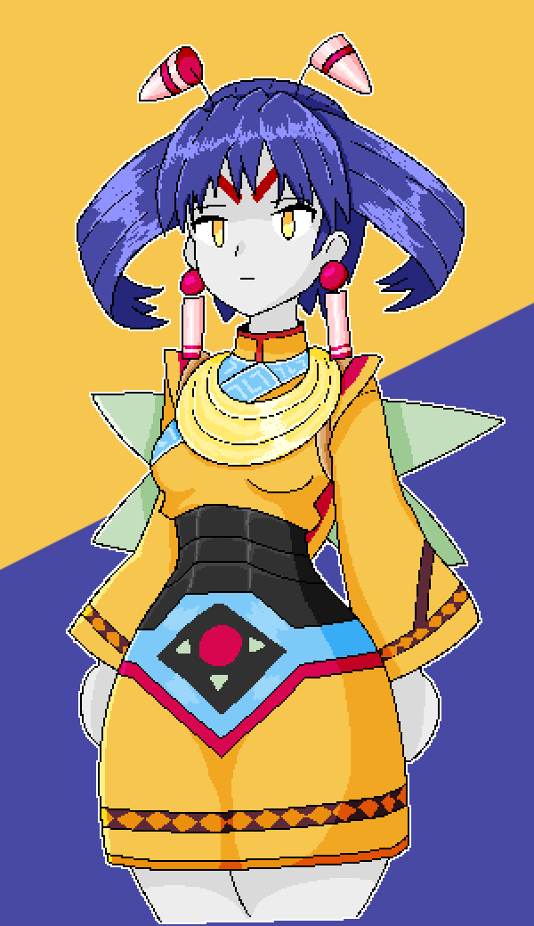 1girl, antennae, breasts, calamity33, closed_mouth, cowboy_shot, dress, earrings, expressionless, facial_mark, female_focus, forehead_mark, grandia, grandia_ii, jewelry, long_sleeves, multicolored_background, purple_background, purple_hair, short_hair, small_breasts, solo, thighs, tio_(grandia), yellow_background, yellow_dress, yellow_eyes