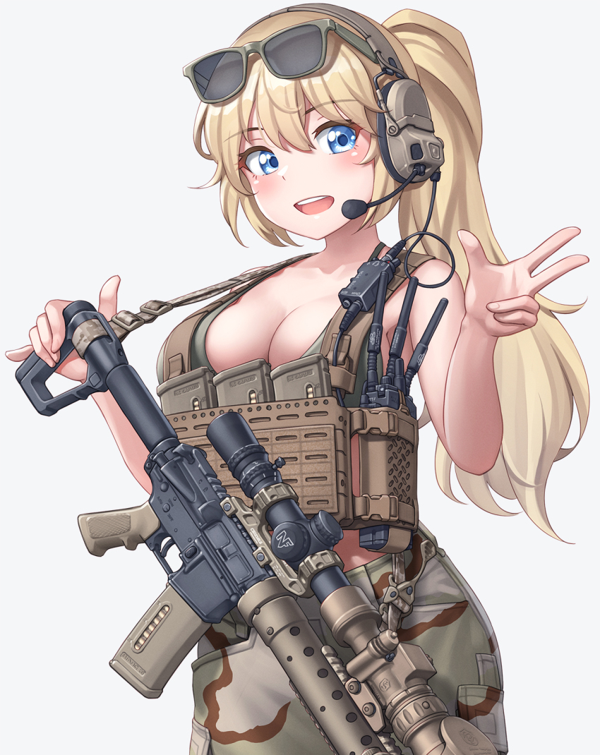 1girl, armpit_peek, assault_rifle, blonde_hair, blue_eyes, breasts, camouflage, chest_rig, cleavage, crop_top, desert_camouflage, eyewear_on_head, glasses, green_pants, green_tank_top, gun, headset, highres, kzm_(sub-moa_works), large_breasts, long_hair, looking_at_viewer, mk_12_spr, open_mouth, optical_sight, original, pants, ponytail, rifle, smile, solo, tank_top, walkie-talkie, weapon, white_background