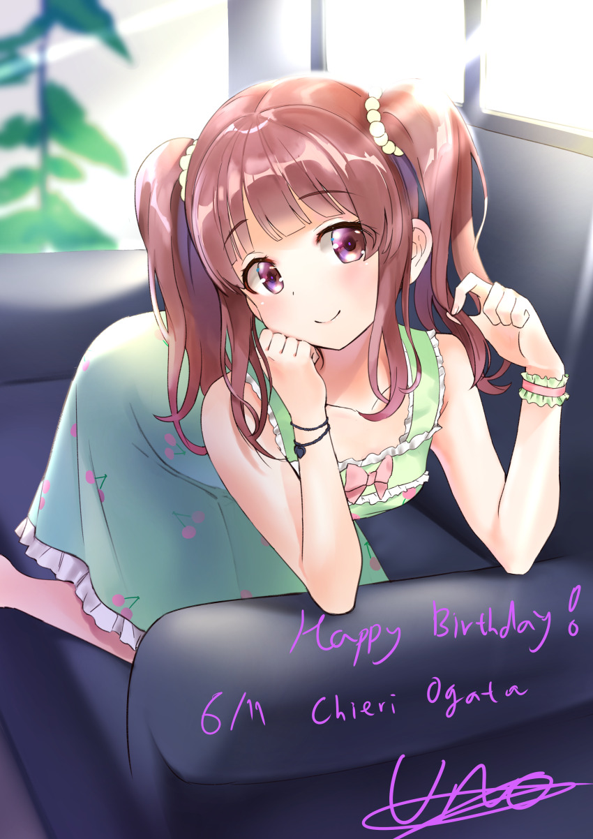 1girl, absurdres, blunt_bangs, blush, bracelet, brown_hair, cherry_print, collarbone, couch, dated, dress, food_print, fruit_print, green_dress, hand_on_own_cheek, hand_on_own_face, happy_birthday, highres, holding, holding_own_hair, idolmaster, idolmaster_cinderella_girls, indoors, jewelry, kneeling, looking_at_viewer, ogata_chieri, on_couch, sidelocks, signature, sleeveless, sleeveless_dress, smile, solo, twintails, uno_(unoirasuto)