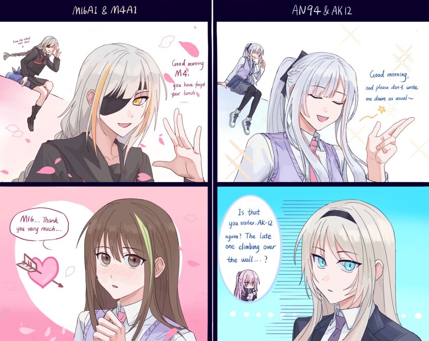 5girls, ak-12_(girls'_frontline), an-94_(girls'_frontline), anti-rain_(girls'_frontline), arianaleonardo, black_shirt, blue_eyes, brown_eyes