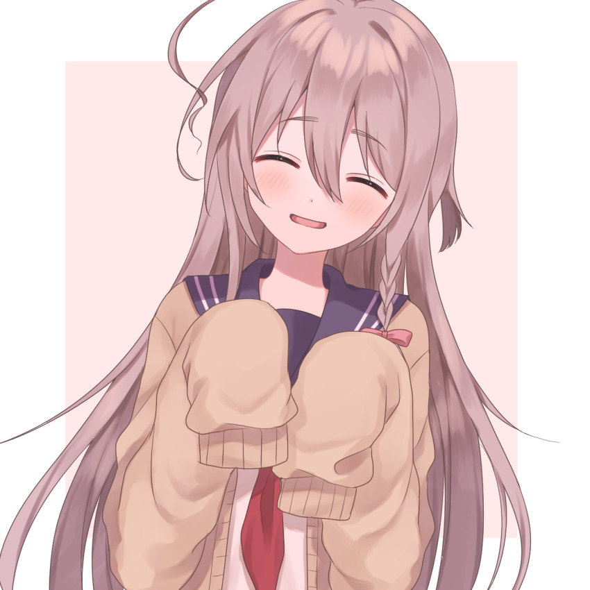 1girl, ^_^, ahoge, alternate_costume, blush, braid, brown_cardigan, cardigan