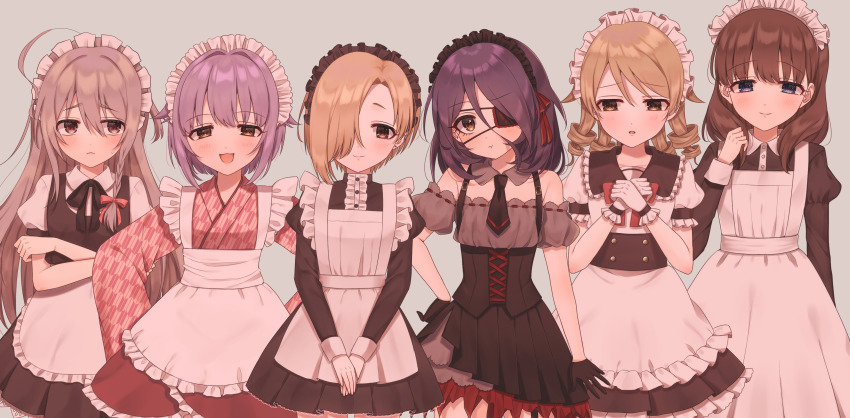 6+girls, absurdres, ahoge, alternate_costume, apron, asymmetrical_bangs, black_dress, blonde_hair